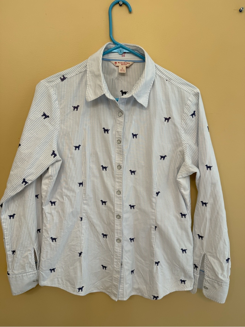 Brooks Brothers Light Blue & White Striped Button-Down with Navy Dog Embroidery